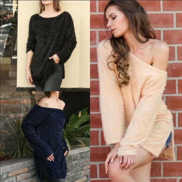 Soft💛Fuzzy off-shoulder cream sweater4office2out - Picture 3 of 4
